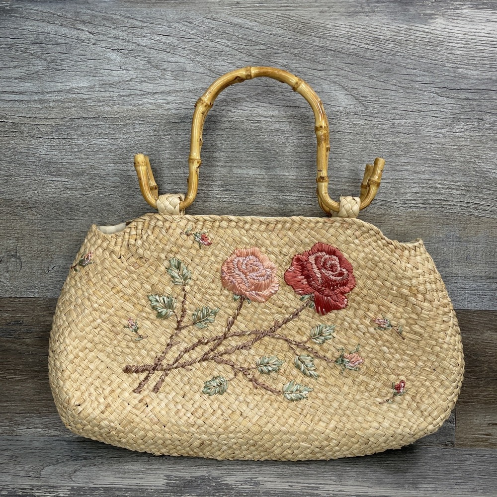 CAPPELLI Straworld INC Handbag Floral Flowers Designed Multicolored Straw/Bamboo